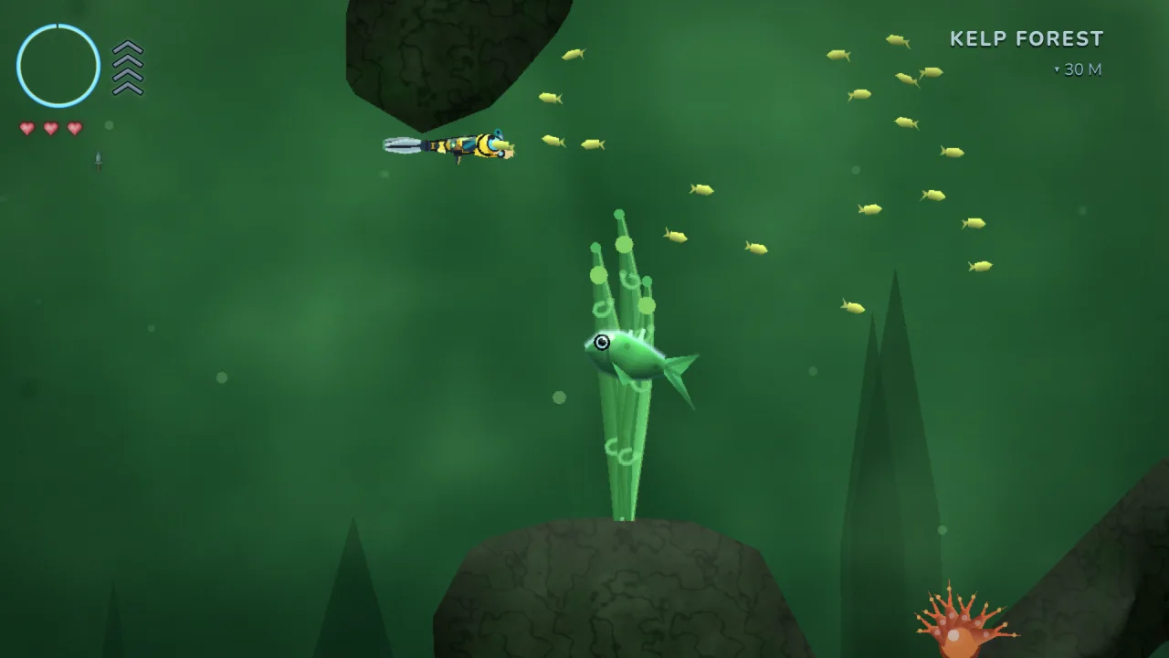 Kyle Coral gameplay: a diver swims through the green Kelp Forest as a school of yellow fish breaks around them, a green fish below.
