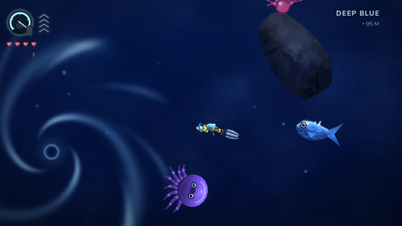 Kyle Coral gameplay: a diver skirts a swirling whirlpool in the open Deep Blue, a purple octopus and a blue fish close by.