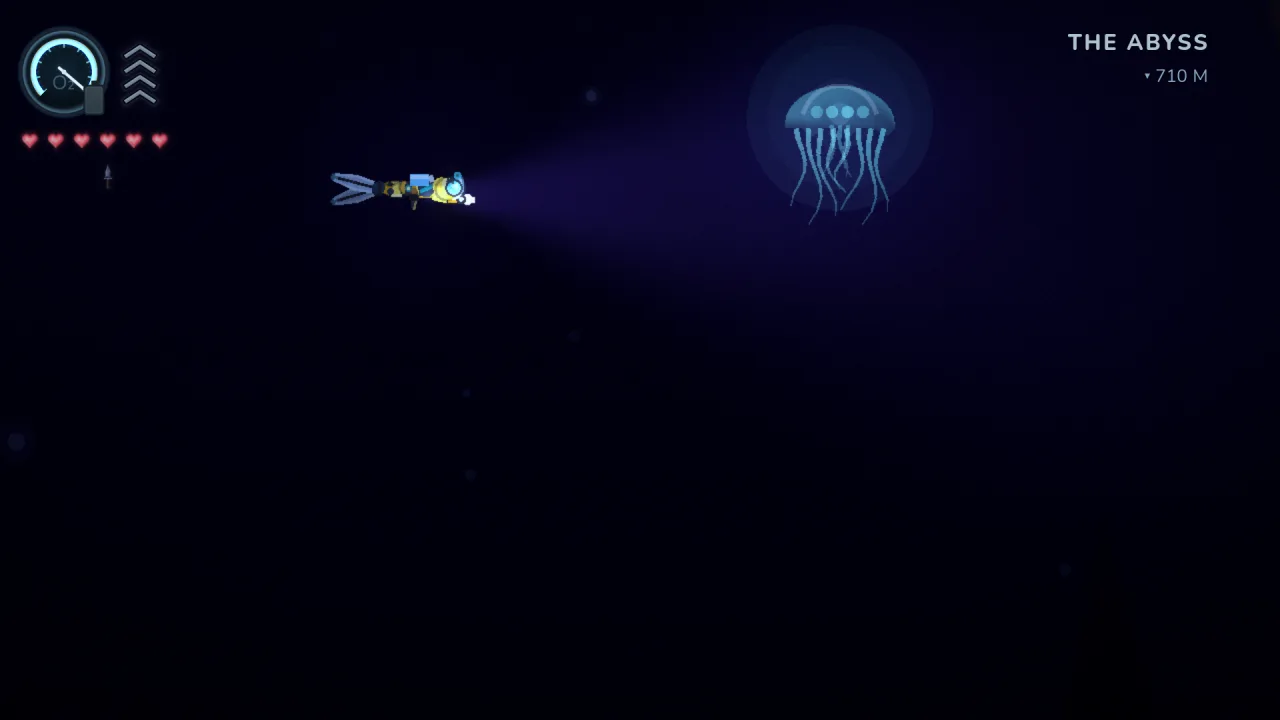 Kyle Coral gameplay: a diver's light cone cuts the dark of the Abyss toward a glowing jellyfish.