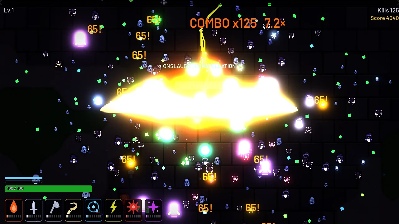 Kyle Crusader gameplay: a dense swarm of dungeon enemies around a huge ability blast, weapon rail and combo counter on screen.